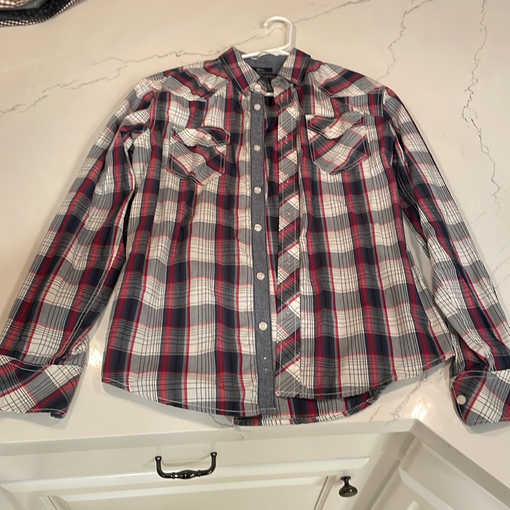 American rag small casual button down.  Multi colored plaid.